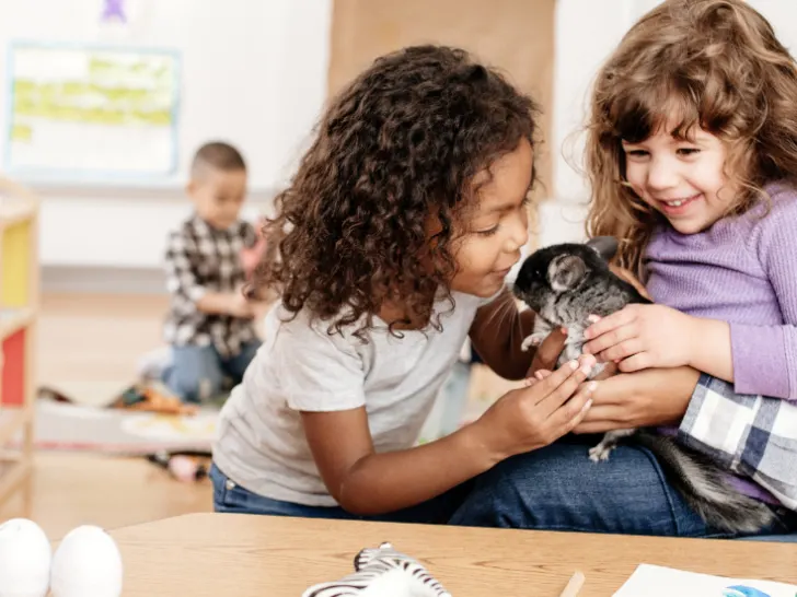 Two girls with a guinea pig learning about animals