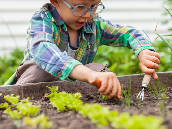 a young boy gardening